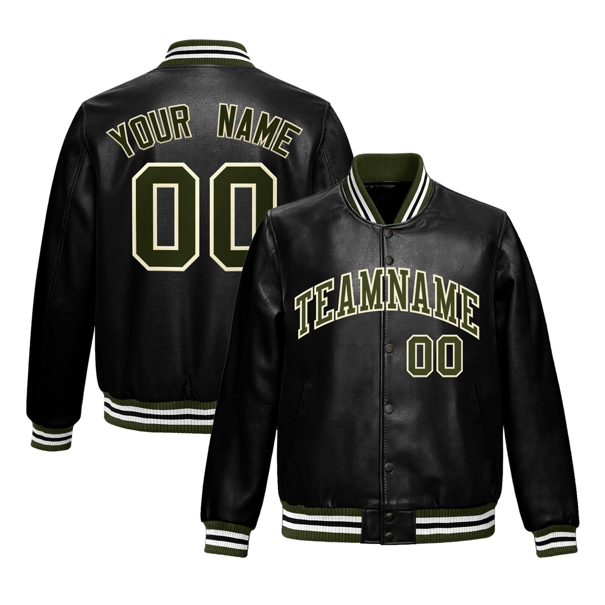 Custom Black Olive Full-Snap Varsity Faux Leather Letterman Jacket| KXKSHOP