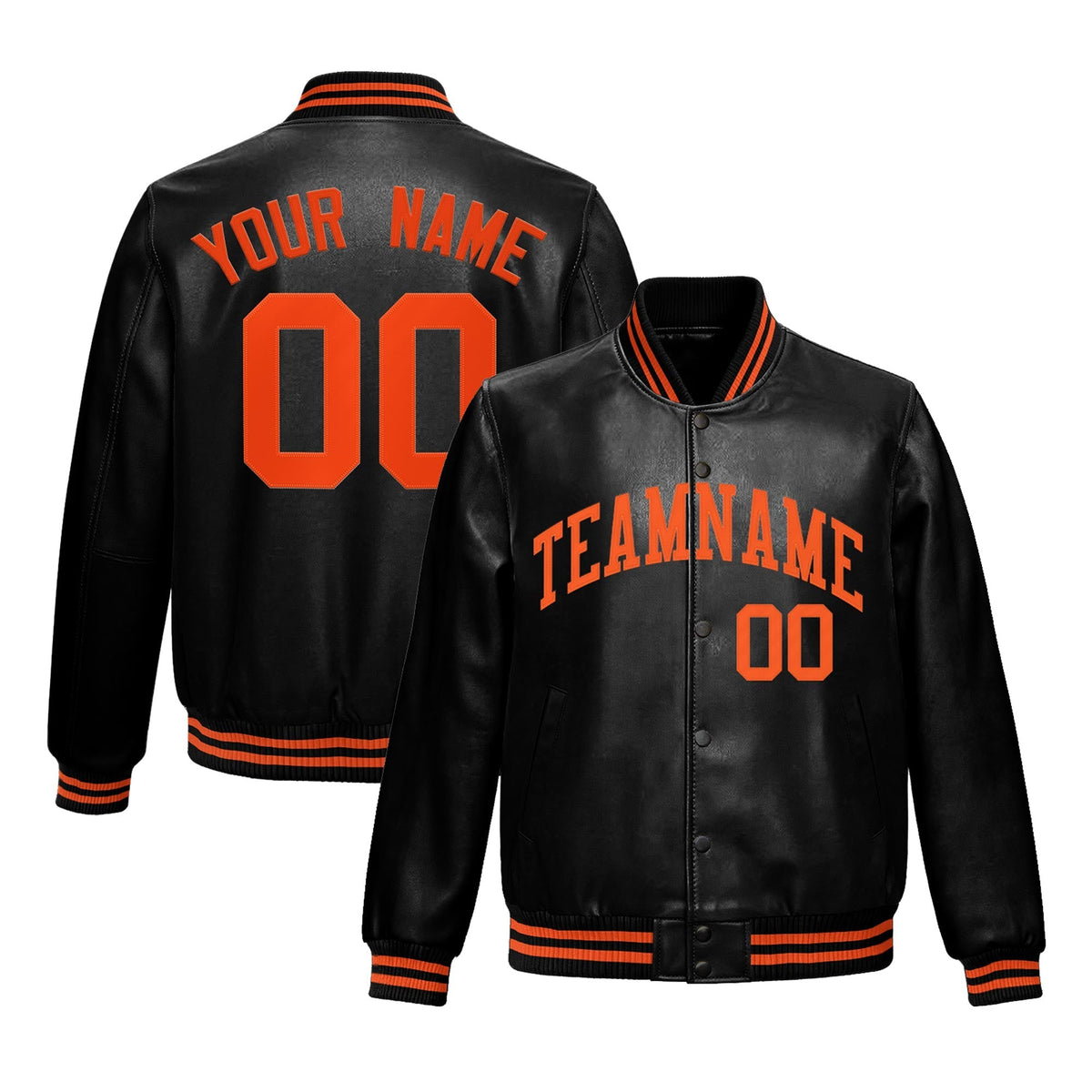 Custom Black Orange Full-Snap Varsity Faux Leather Letterman Jacket| KXKSHOP