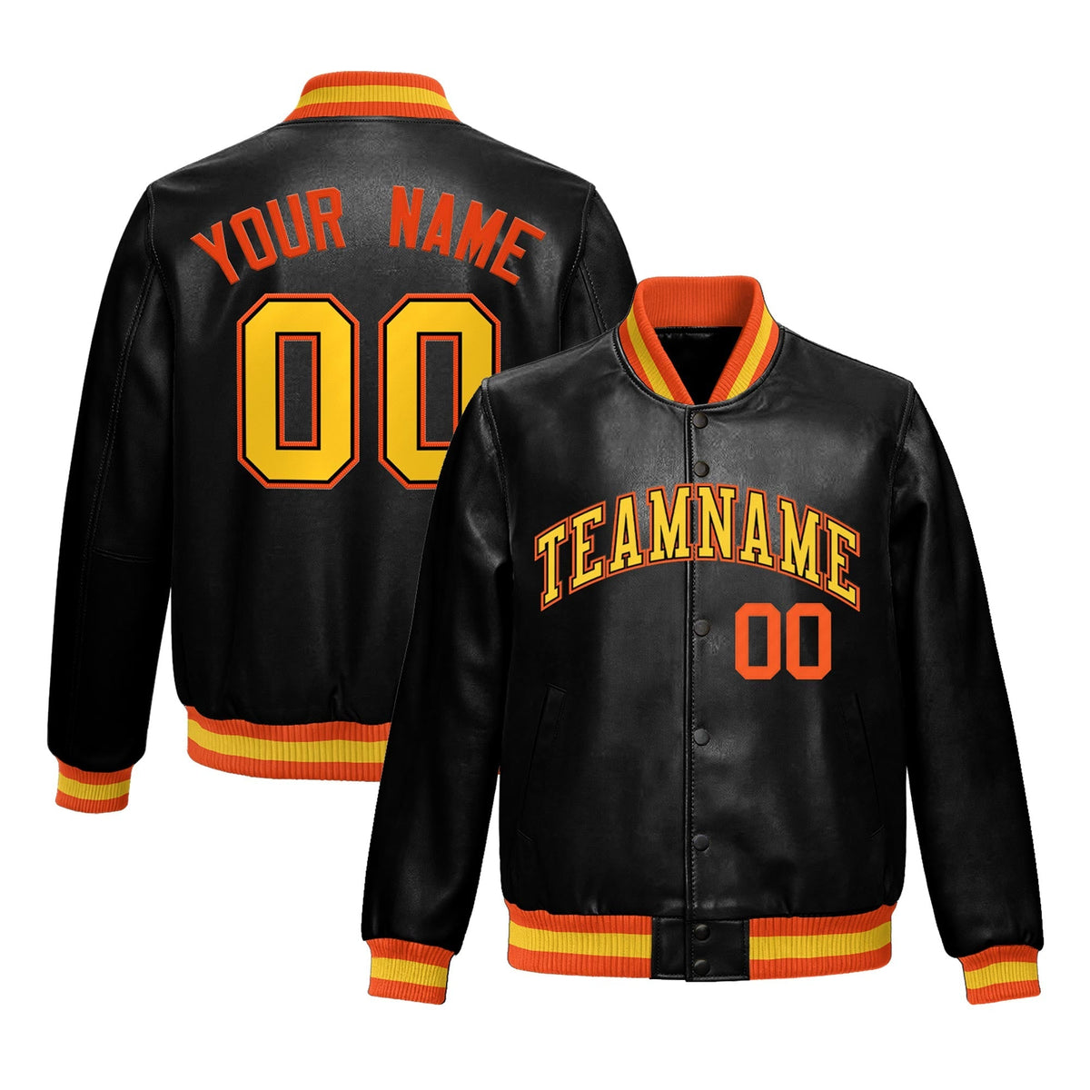 Custom Black Orange Gold Full-Snap Varsity Faux Leather Letterman Jacket| KXKSHOP