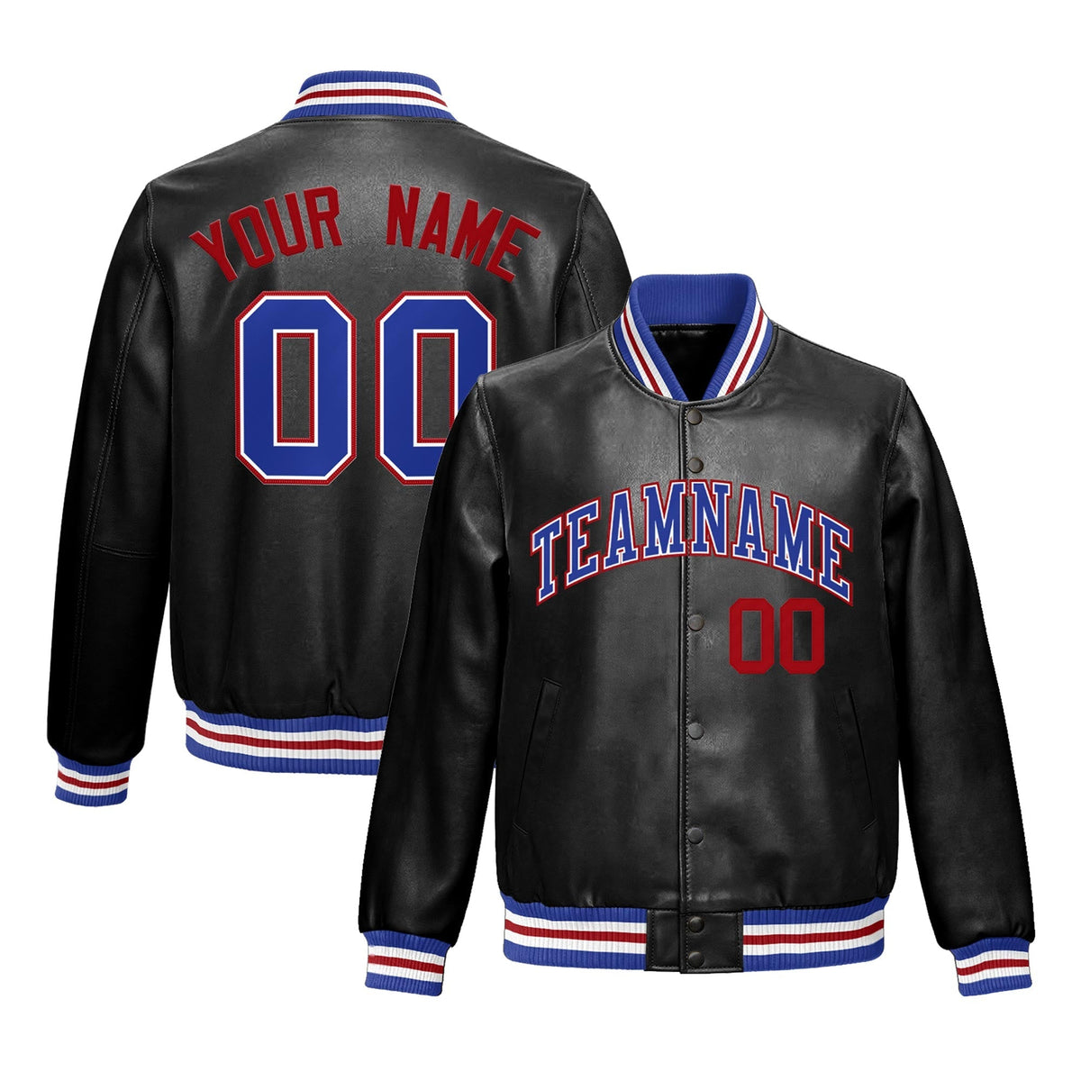 Custom Black Royal Blue Full-Snap Varsity Faux Leather Letterman Jacket| KXKSHOP