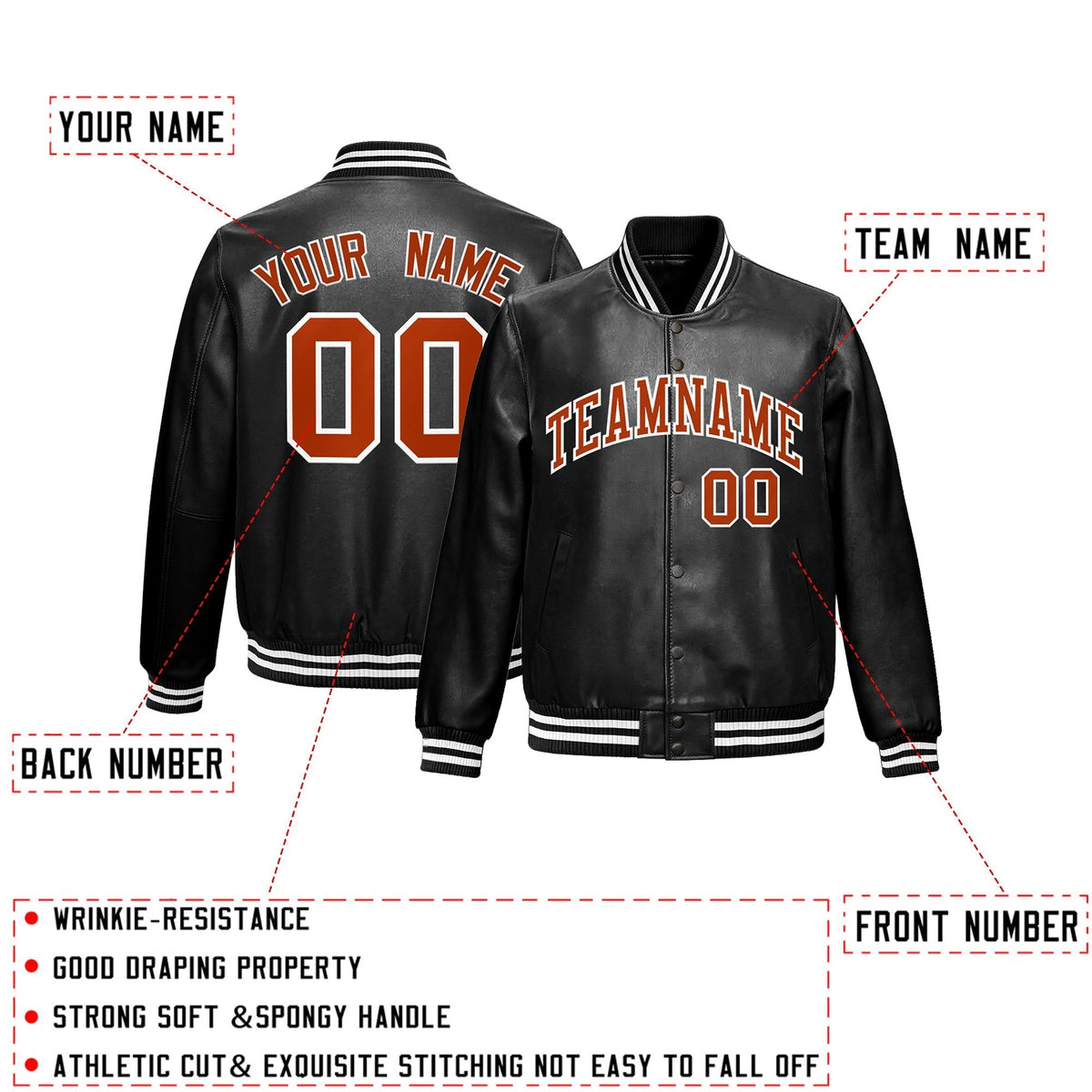 Custom Black Dark Orange White Full-Snap Varsity Faux Leather Letterman Jacket| KXKSHOP
