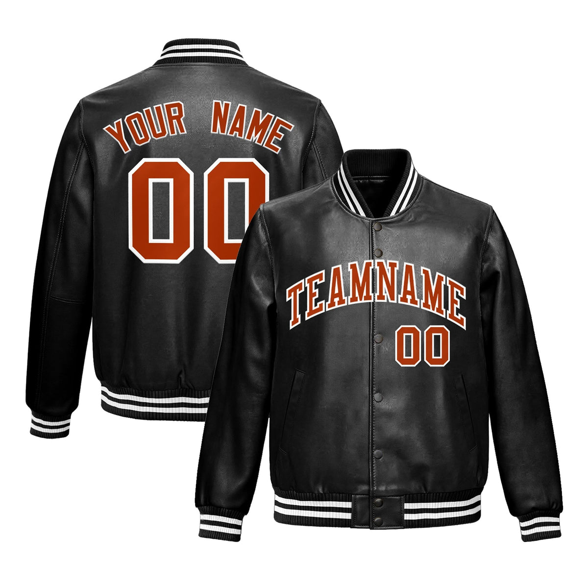 Custom Black Dark Orange White Full-Snap Varsity Faux Leather Letterman Jacket| KXKSHOP