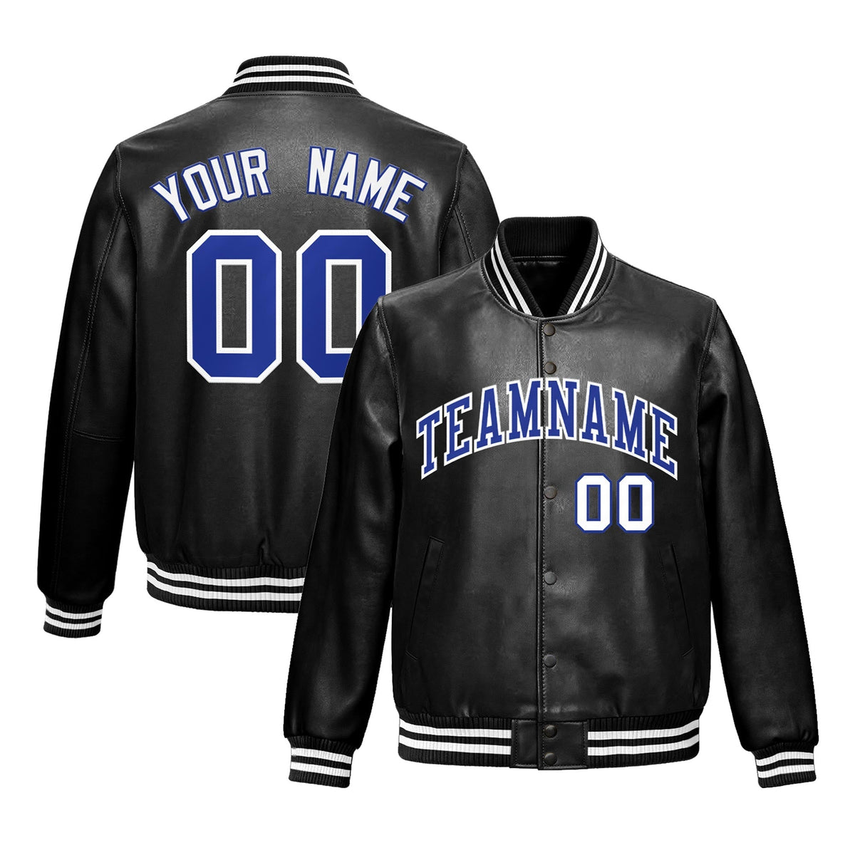 Custom Black Royal Blue White Full-Snap Varsity Faux Leather Letterman Jacket| KXKSHOP
