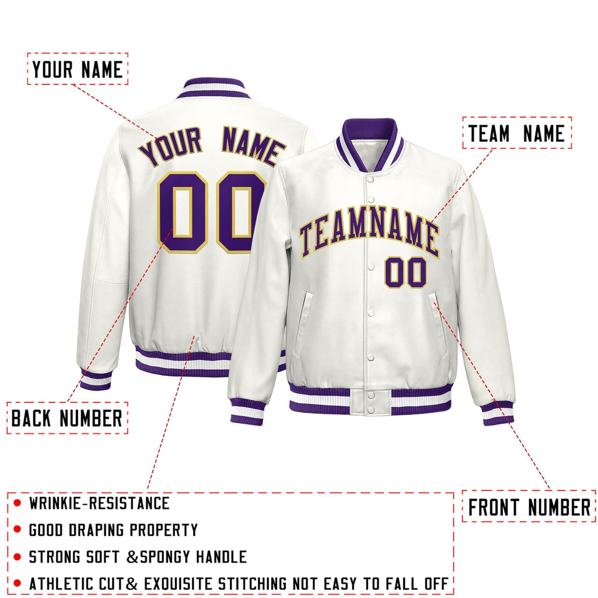 Custom Purple White Full-Snap Varsity Faux Leather Letterman Jacket| KXKSHOP