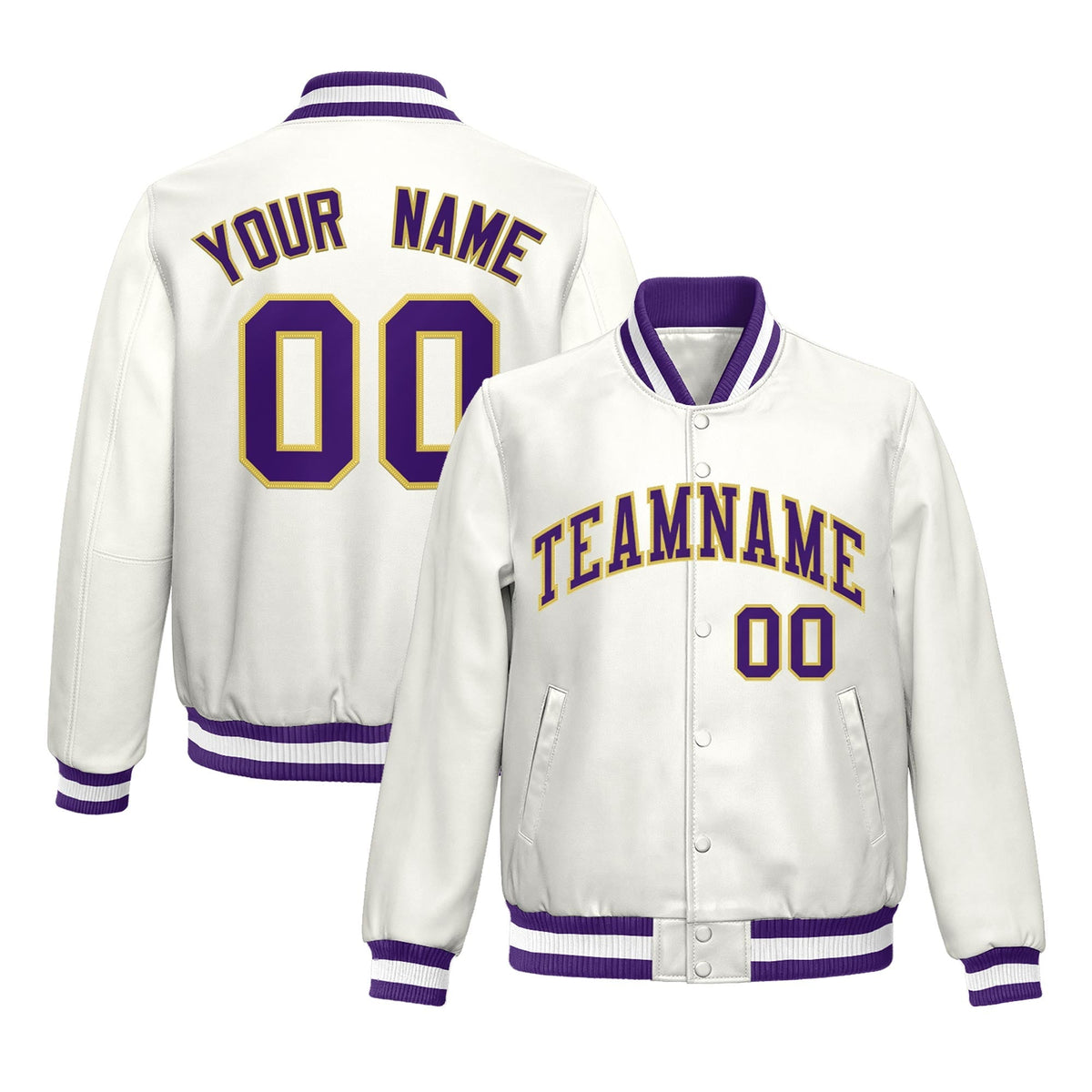 Custom Purple White Full-Snap Varsity Faux Leather Letterman Jacket| KXKSHOP
