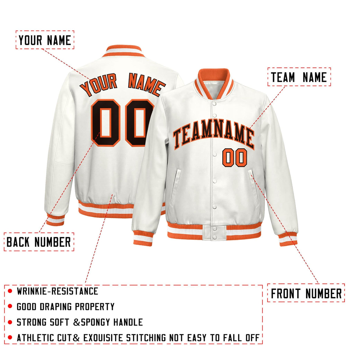 Custom Orange White Full-Snap Varsity Faux Leather Letterman Jacket| KXKSHOP