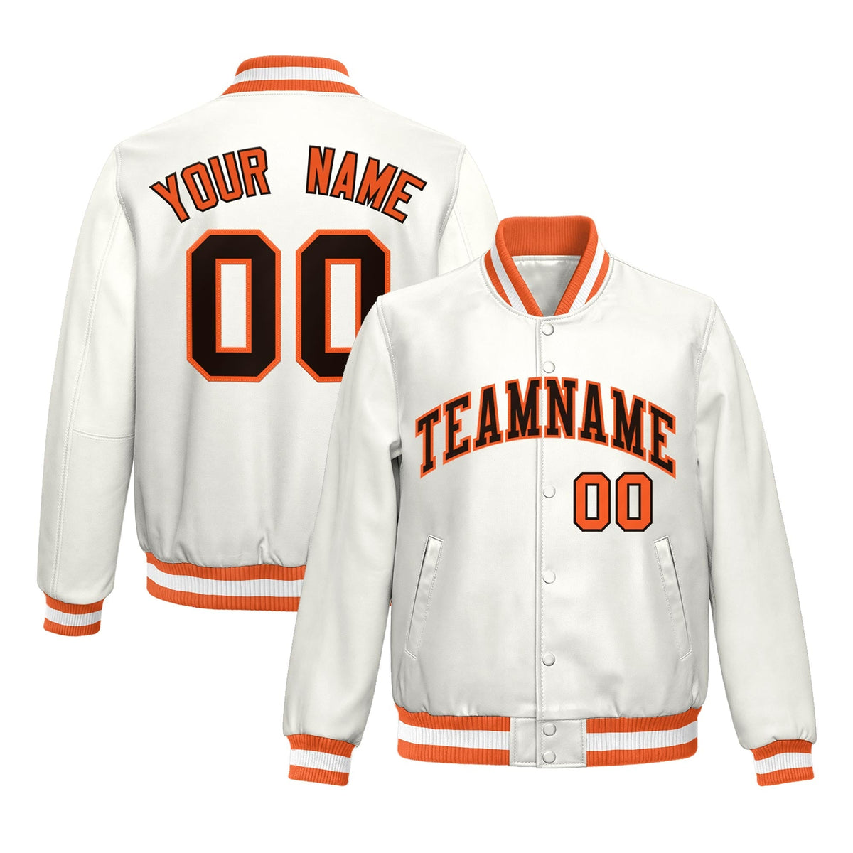 Custom Orange White Full-Snap Varsity Faux Leather Letterman Jacket| KXKSHOP