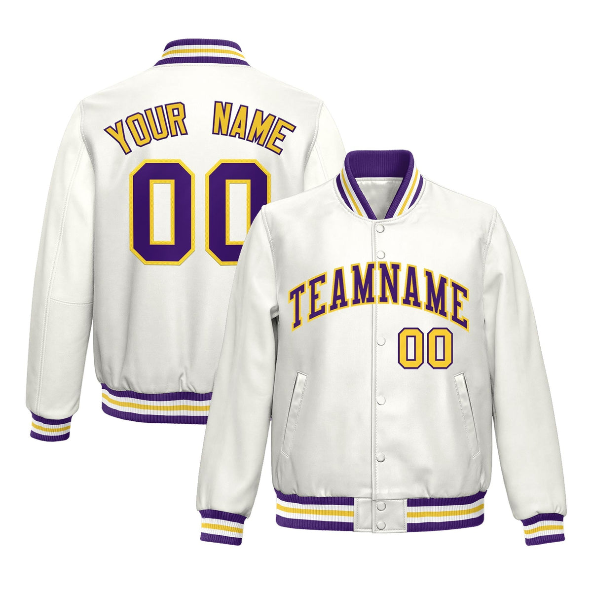 Custom White Purple Yellow Full-Snap Varsity Faux Leather Letterman Jacket| KXKSHOP