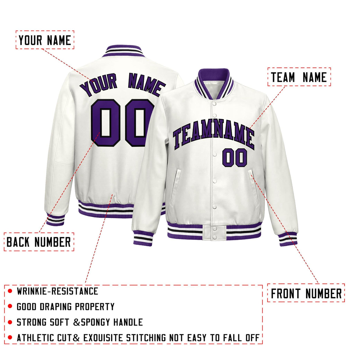 Custom White Purple Full-Snap Varsity Faux Leather Letterman Jacket| KXKSHOP