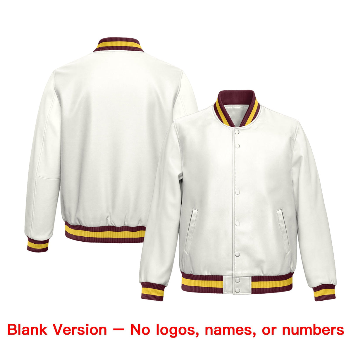 Custom White Crimson Yellow Full-Snap Varsity Faux Leather Letterman Jacket| KXKSHOP