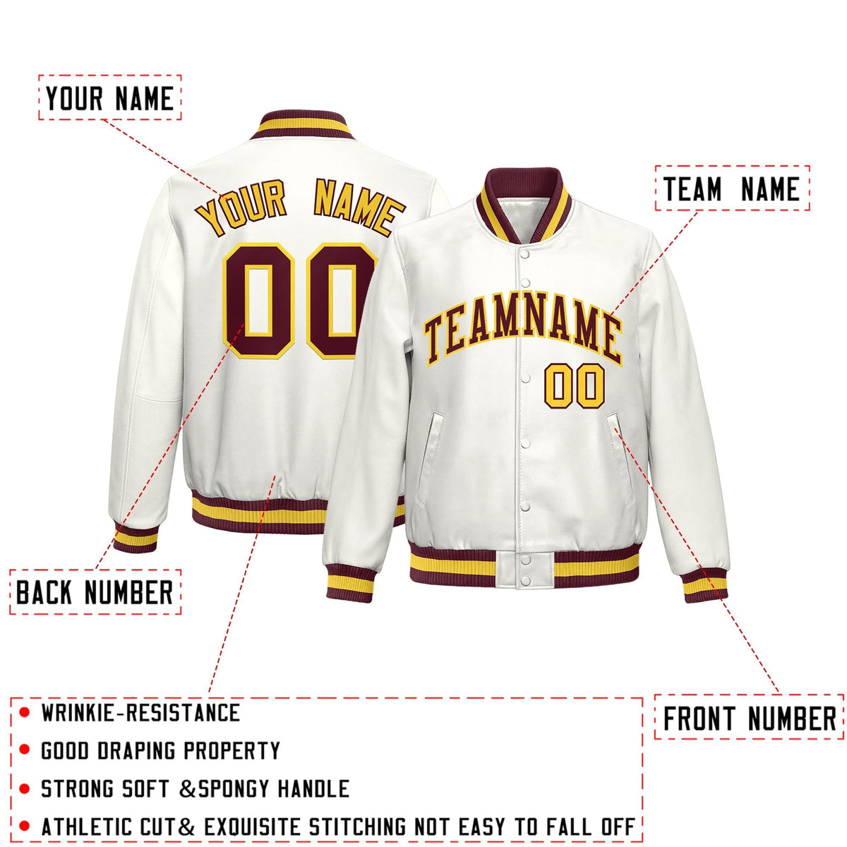 Custom White Crimson Yellow Full-Snap Varsity Faux Leather Letterman Jacket| KXKSHOP