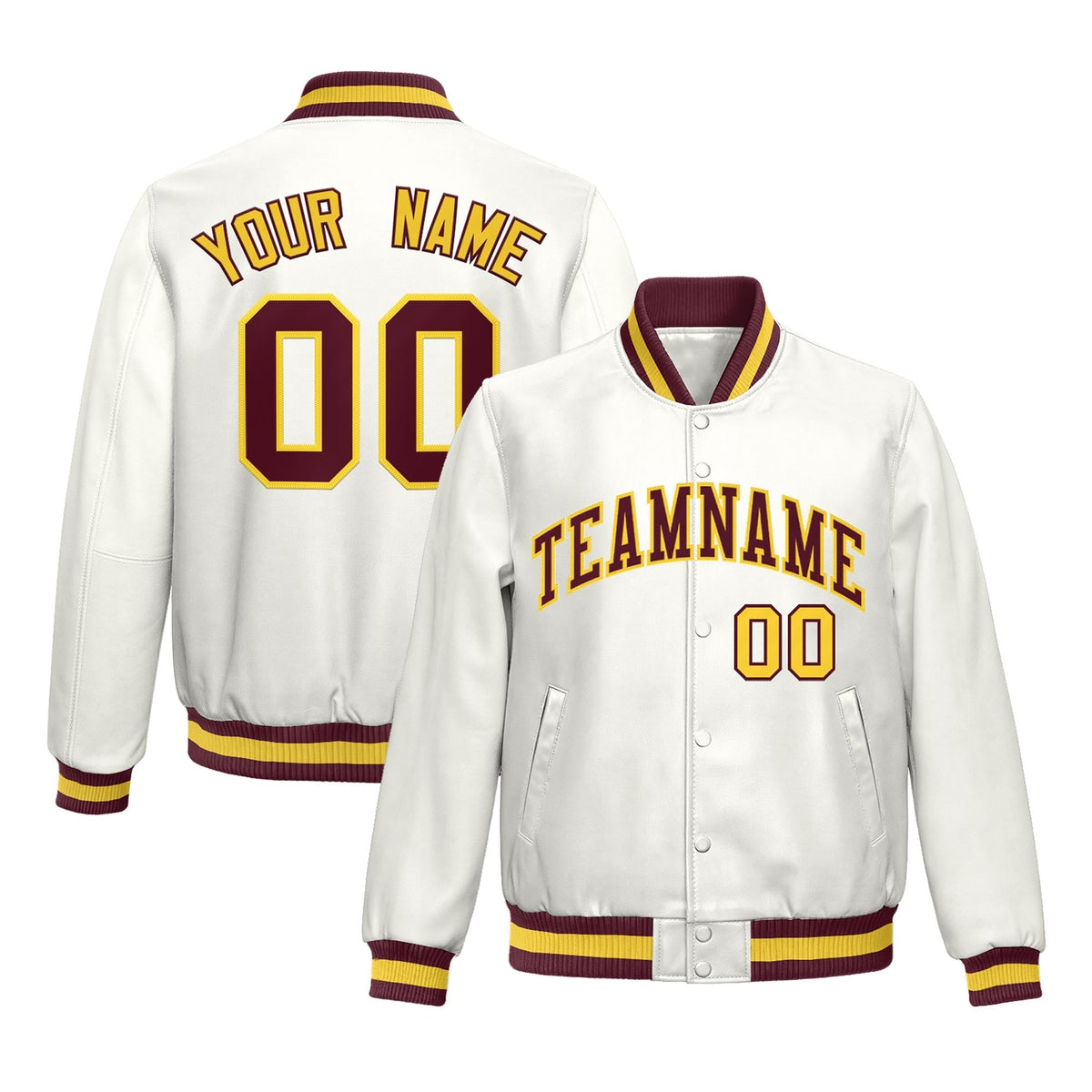 Custom White Crimson Yellow Full-Snap Varsity Faux Leather Letterman Jacket| KXKSHOP