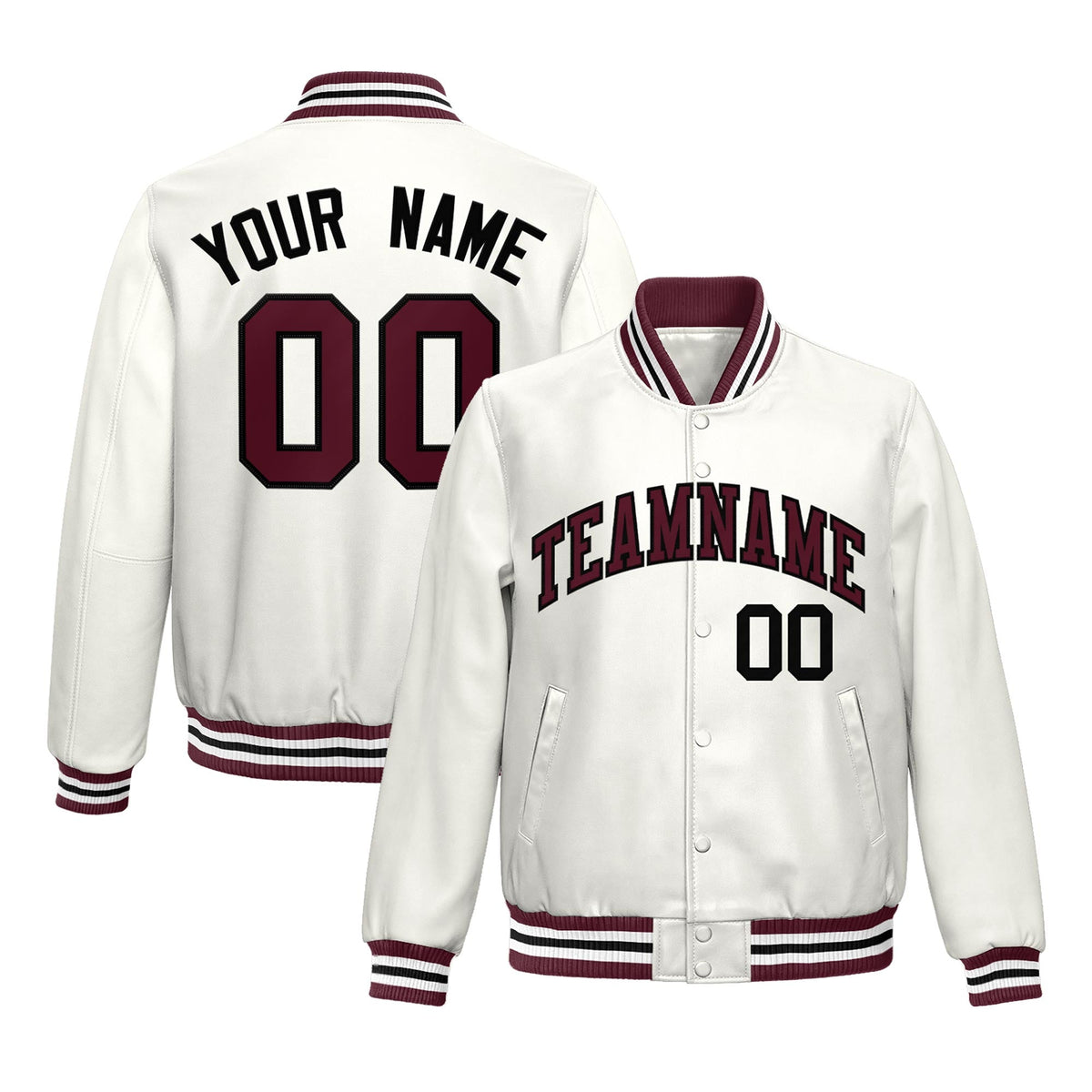 Custom White Crimson Full-Snap Varsity Faux Leather Letterman Jacket| KXKSHOP
