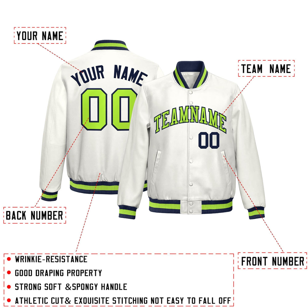 Custom White Neon Green Full-Snap Varsity Faux Leather Letterman Jacket| KXKSHOP