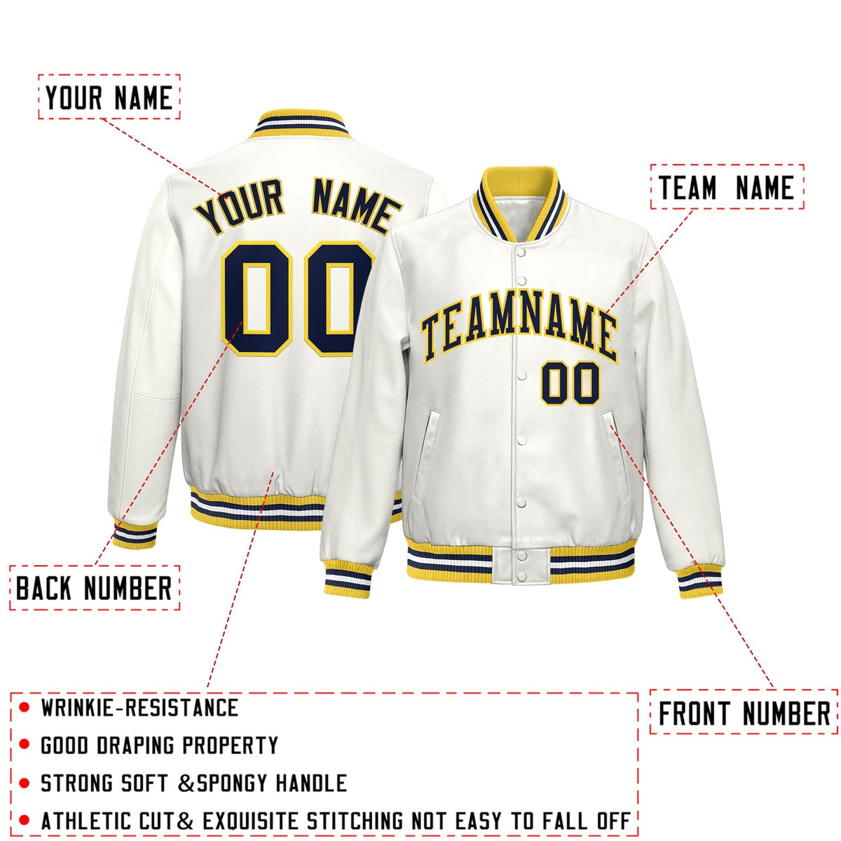 Custom White Yellow Navy Full-Snap Varsity Faux Leather Letterman Jacket| KXKSHOP