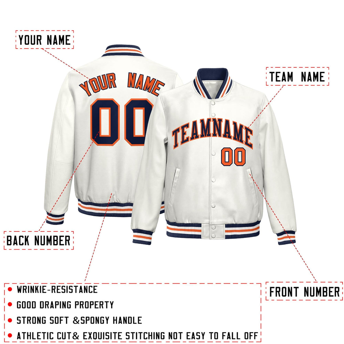 Custom White Navy Orange Full-Snap Varsity Faux Leather Letterman Jacket| KXKSHOP