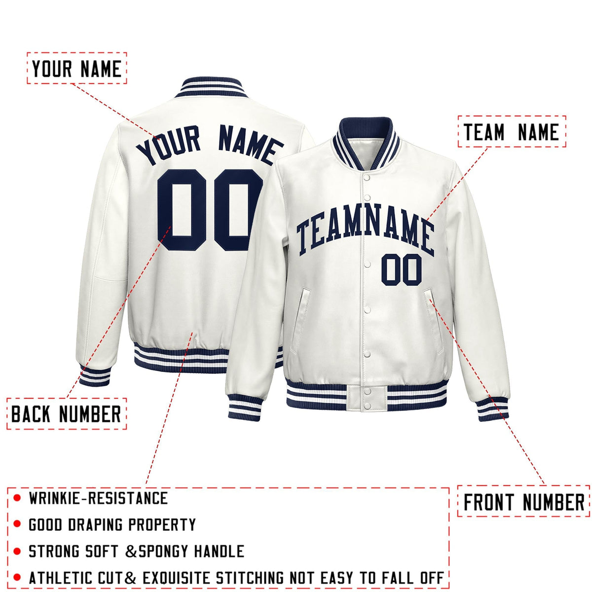 Custom White Navy Full-Snap Varsity Faux Leather Letterman Jacket| KXKSHOP
