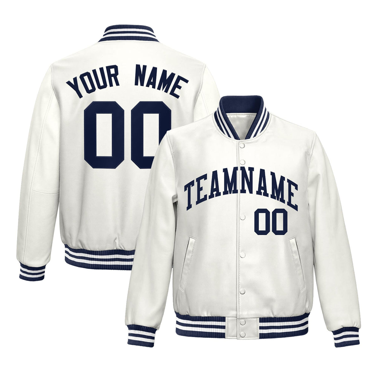 Custom White Navy Full-Snap Varsity Faux Leather Letterman Jacket| KXKSHOP