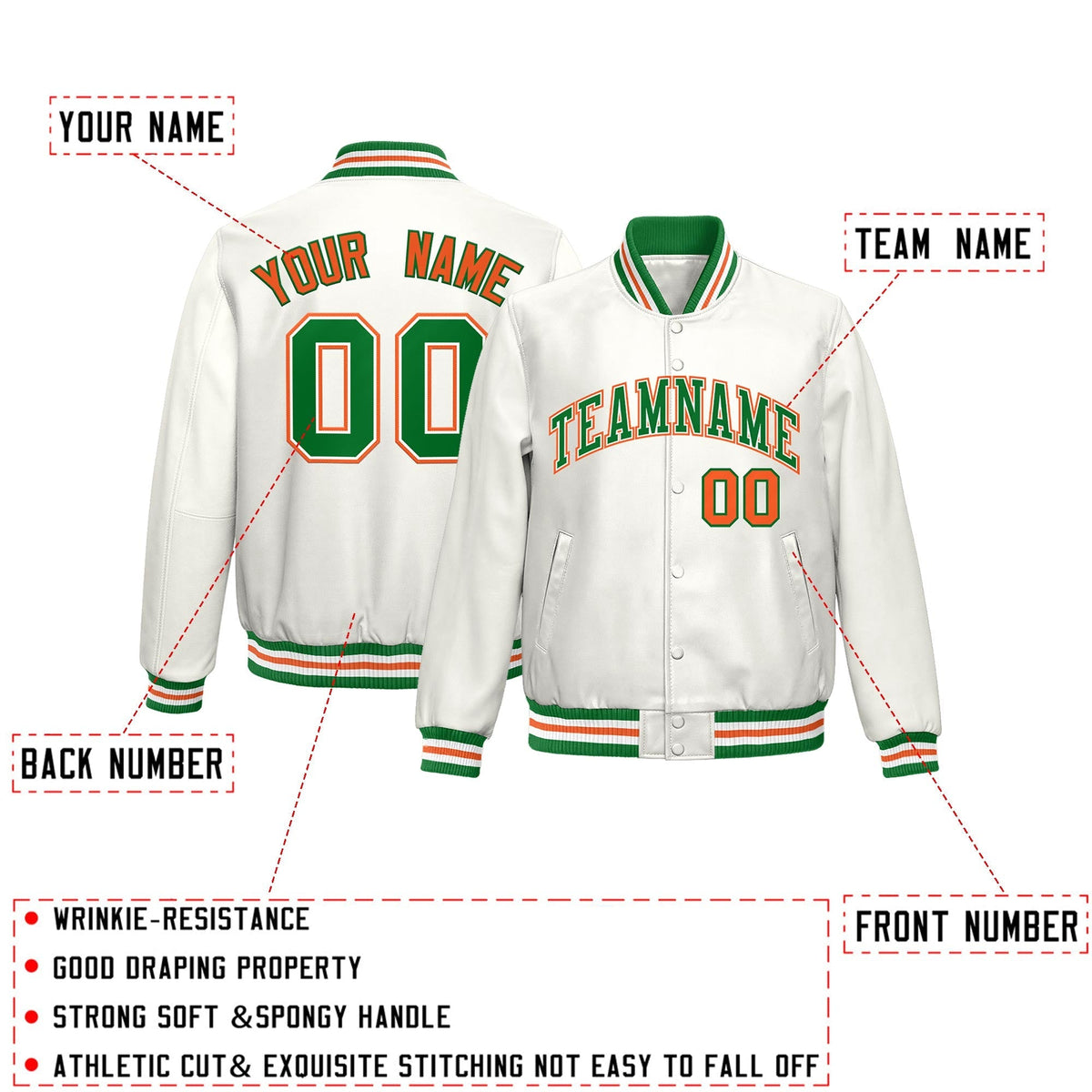 Custom White Kelly Green Orange Full-Snap Varsity Faux Leather Letterman Jacket| KXKSHOP