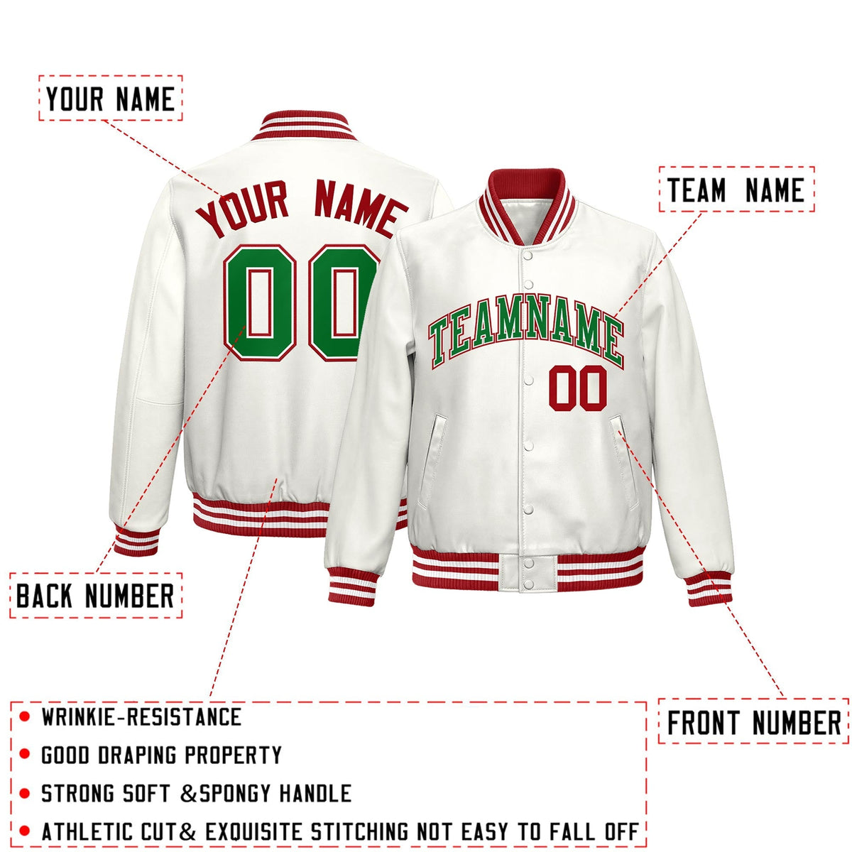 Custom White Kelly Green Full-Snap Varsity Faux Leather Letterman Jacket| KXKSHOP