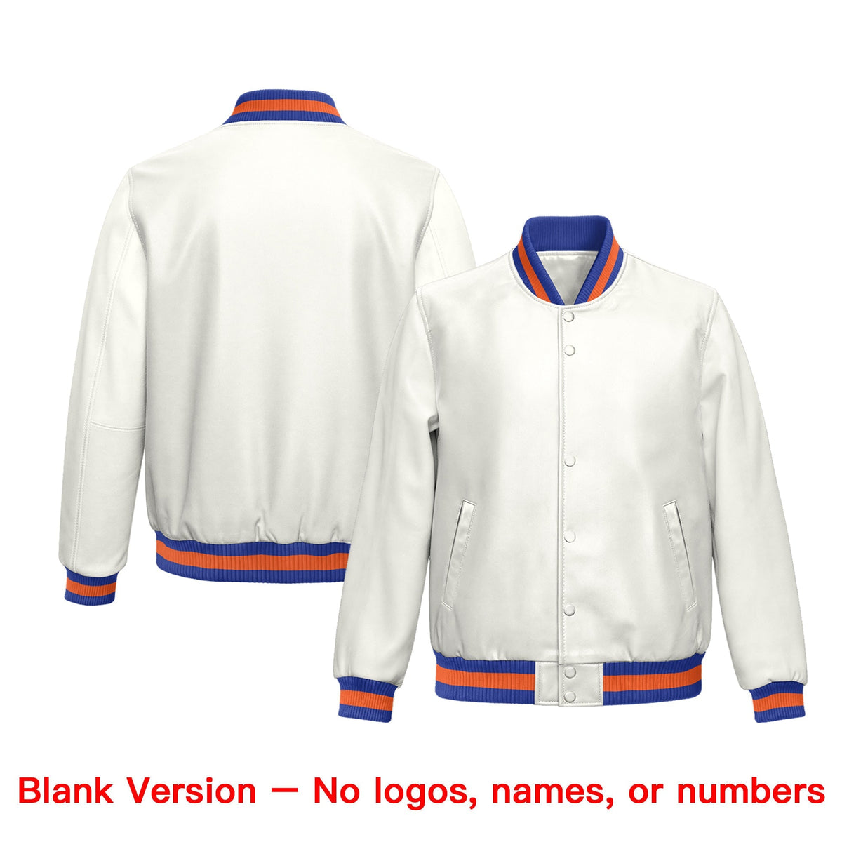 Custom White Royal Blue Orange Full-Snap Varsity Faux Leather Letterman Jacket| KXKSHOP