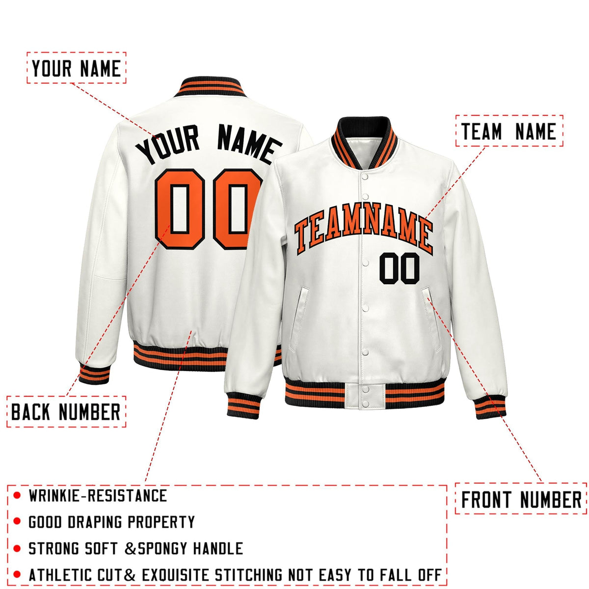 Custom White Orange Full-Snap Varsity Faux Leather Letterman Jacket| KXKSHOP
