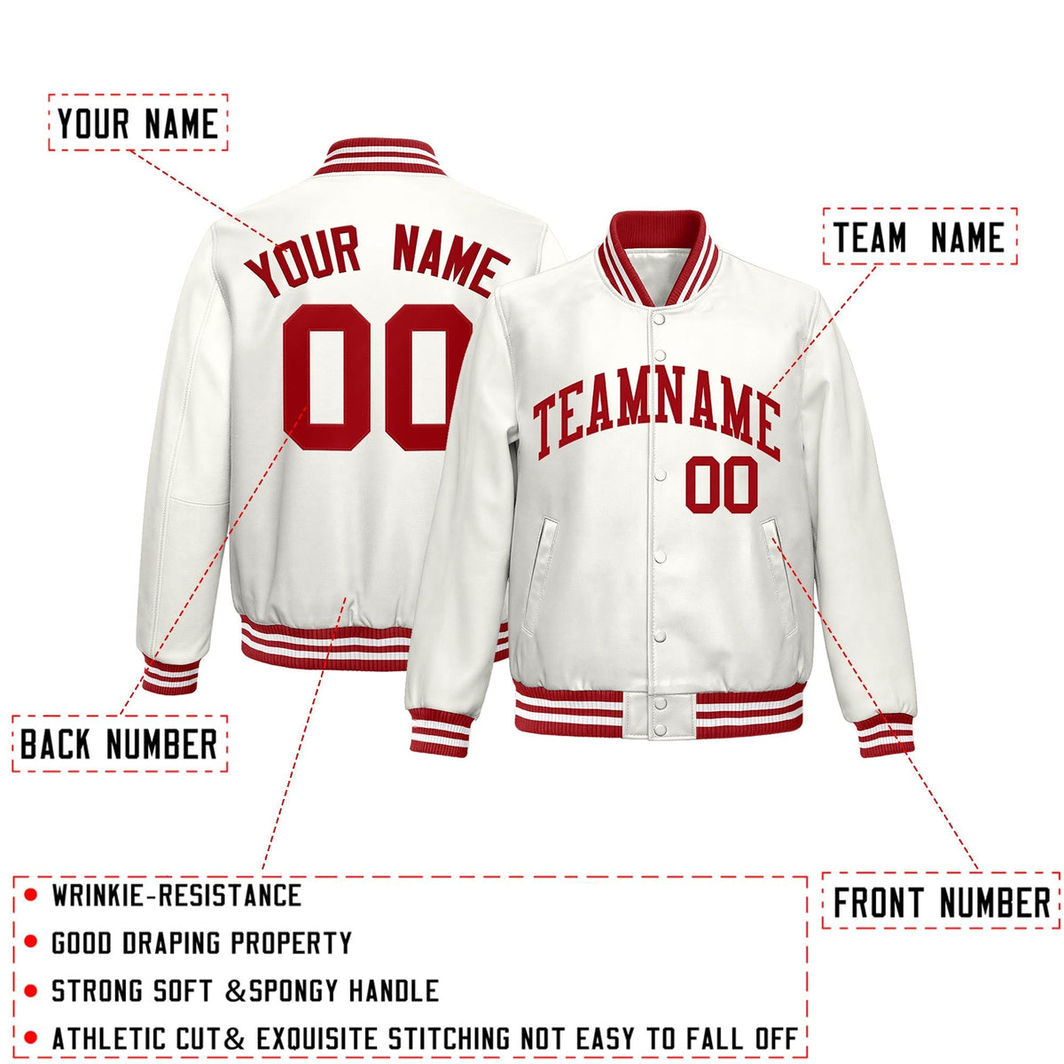 Custom White Red Full-Snap Varsity Faux Leather Letterman Jacket| KXKSHOP
