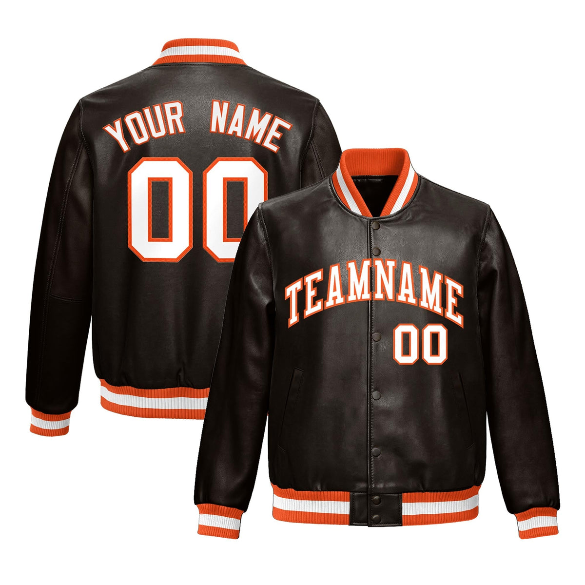 Custom Brown Orange Full-Snap Varsity Faux Leather Letterman Jacket| KXKSHOP