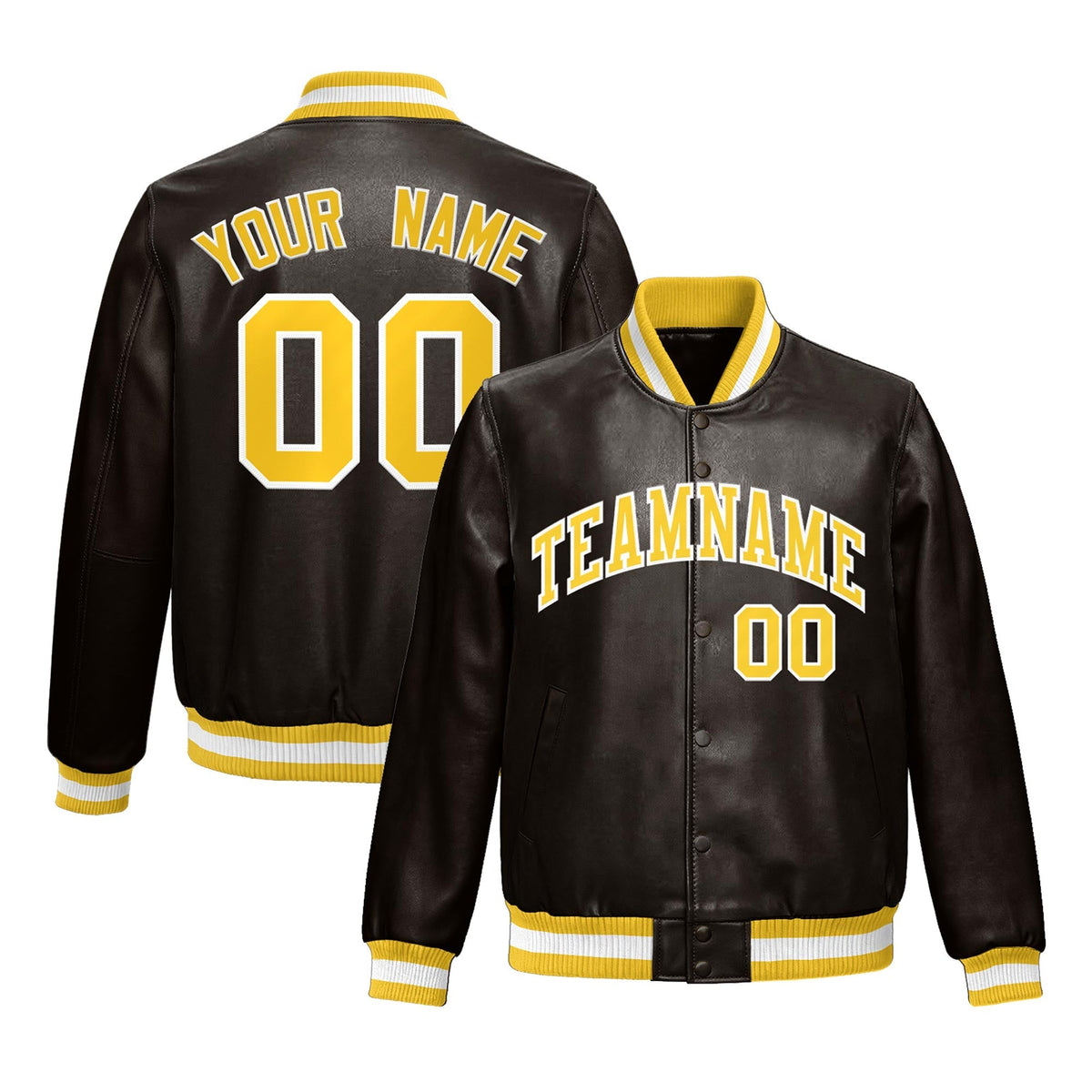Custom Brown Yellow Full-Snap Varsity Faux Leather Letterman Jacket| KXKSHOP