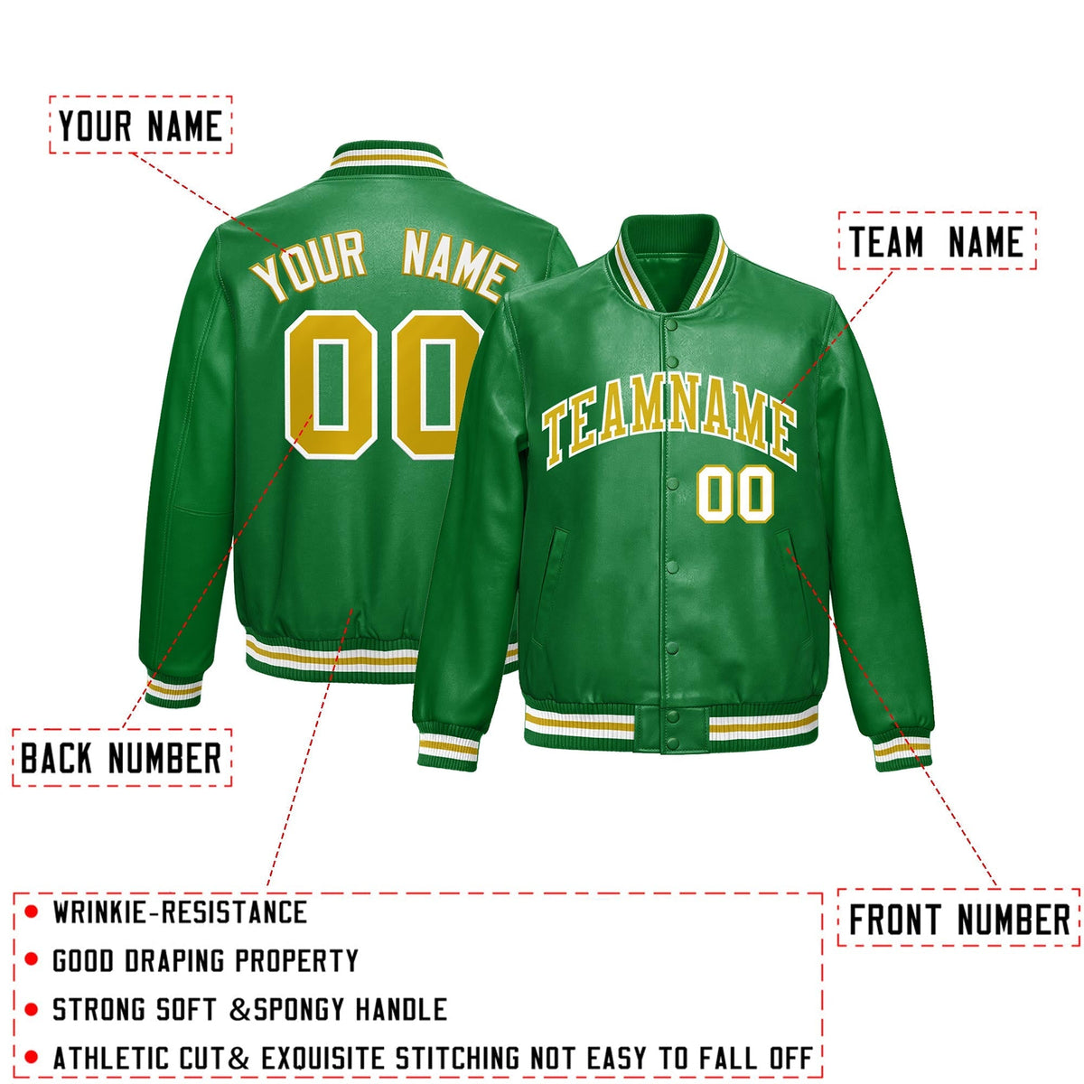 Custom Kelly Green Old Gold Full-Snap Varsity Faux Leather Letterman Jacket| KXKSHOP