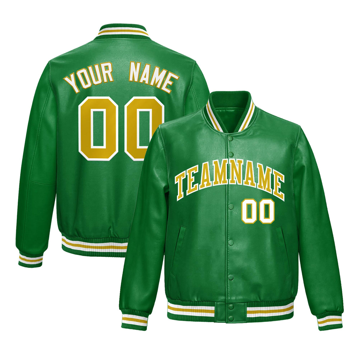 Custom Kelly Green Old Gold Full-Snap Varsity Faux Leather Letterman Jacket| KXKSHOP