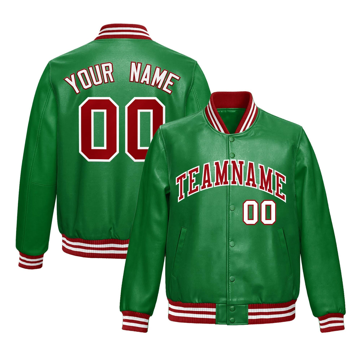 Custom Kelly Green Red Full-Snap Varsity Faux Leather Letterman Jacket| KXKSHOP