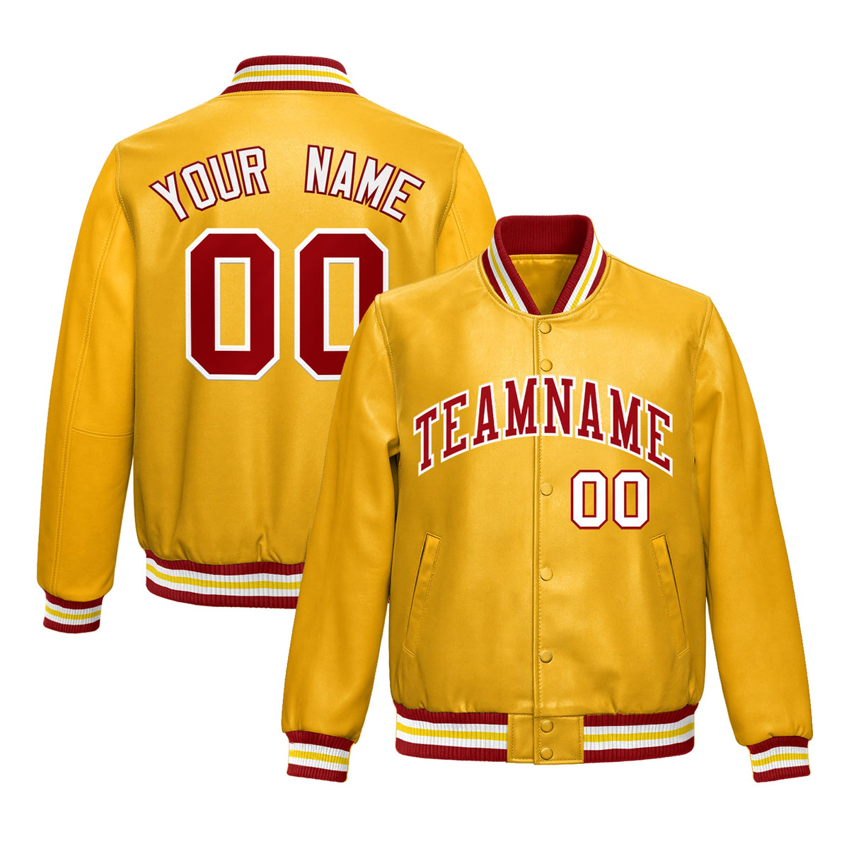 Custom Yellow Red Full-Snap Varsity Faux Leather Letterman Jacket| KXKSHOP