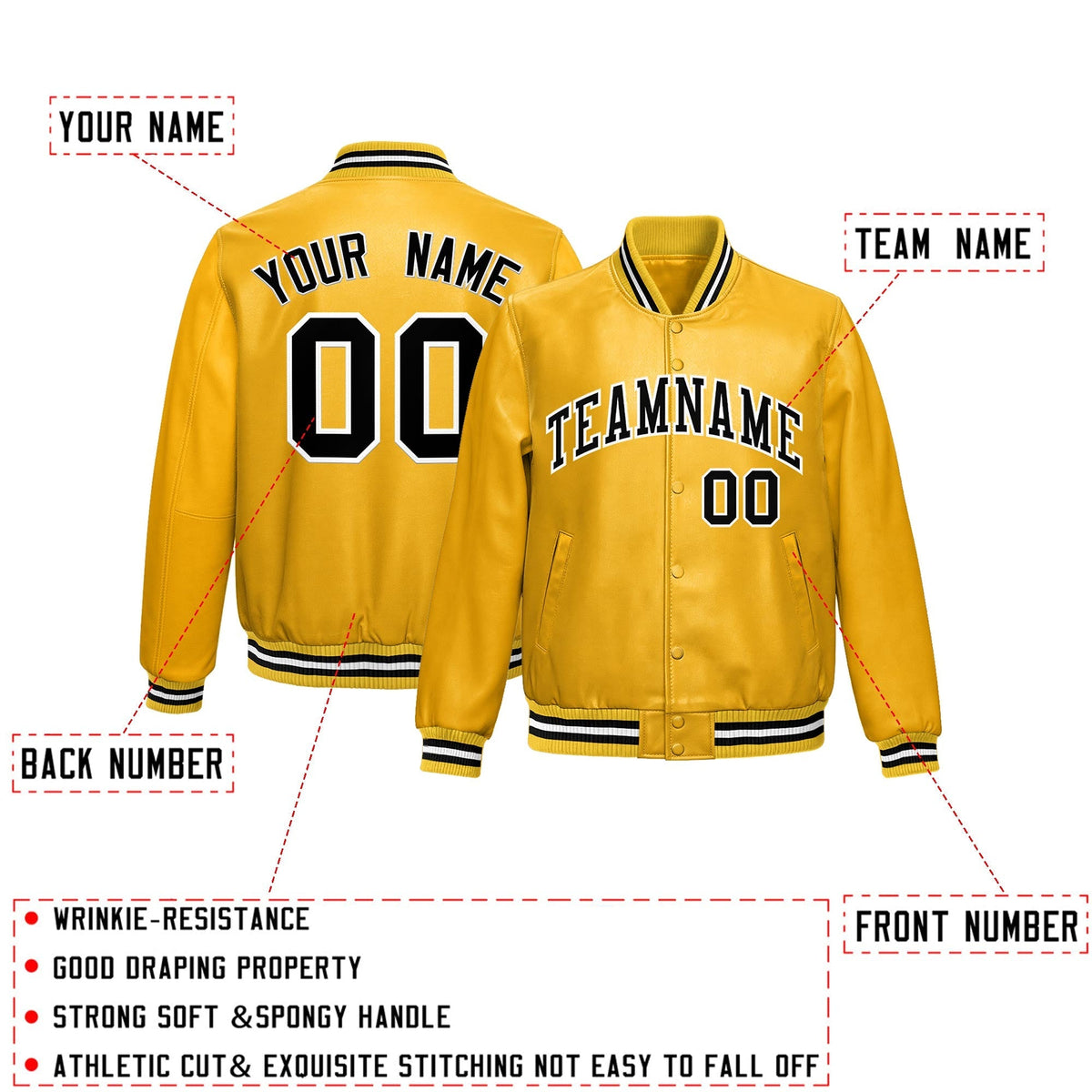 Custom Yellow Black Full-Snap Varsity Faux Leather Letterman Jacket| KXKSHOP