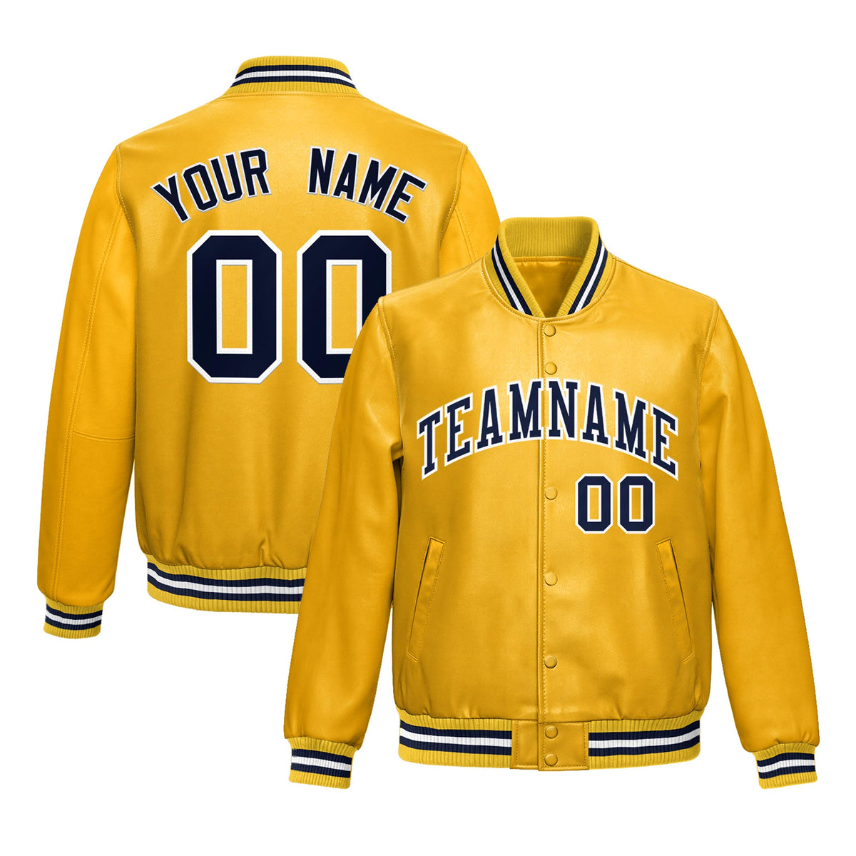 Custom Yellow Navy Full-Snap Varsity Faux Leather Letterman Jacket| KXKSHOP