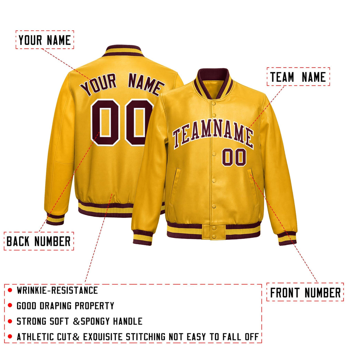 Custom Yellow Crimson Full-Snap Varsity Faux Leather Letterman Jacket| KXKSHOP