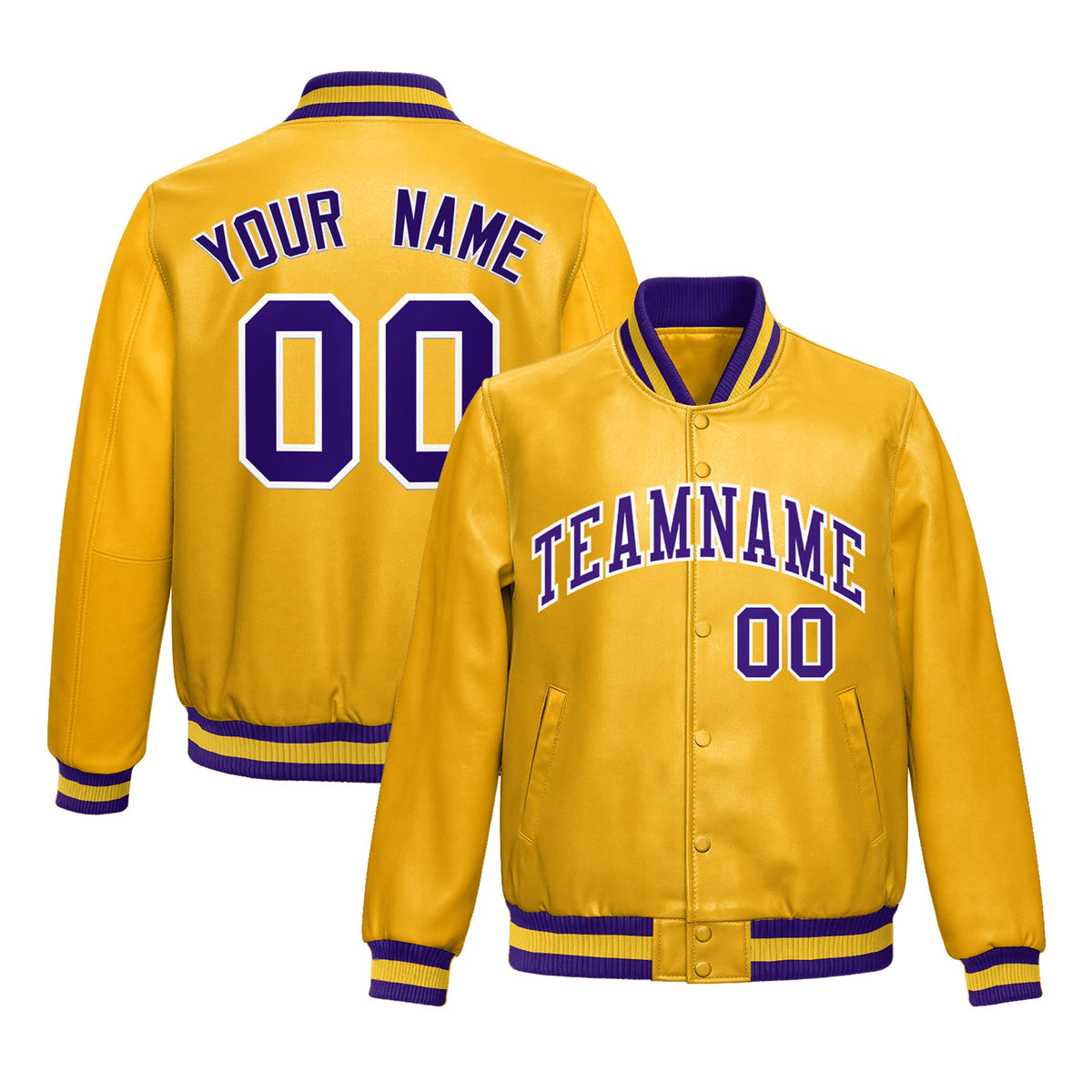 Custom Yellow Purple Full-Snap Varsity Faux Leather Letterman Jacket| KXKSHOP