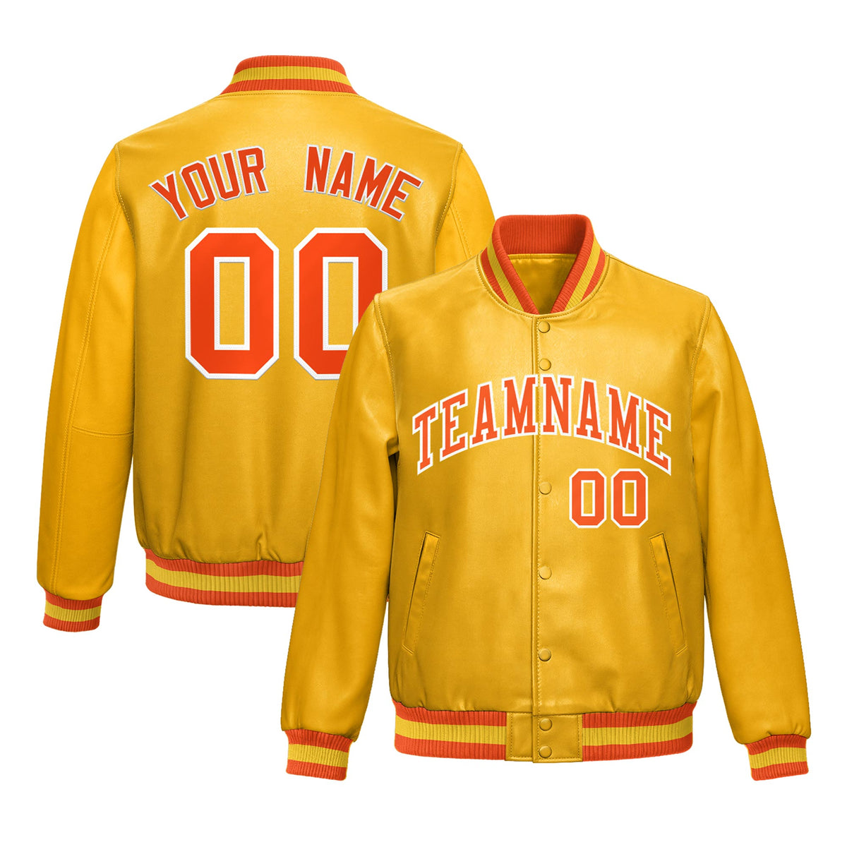 Custom Yellow Orange Full-Snap Varsity Faux Leather Letterman Jacket| KXKSHOP