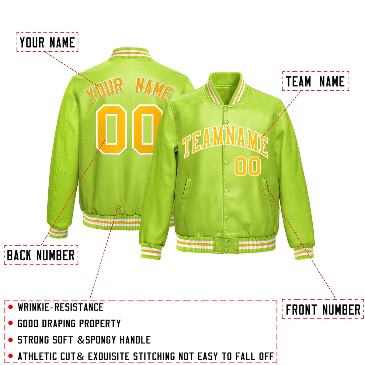 Custom Neon Green Yellow Full-Snap Varsity Faux Leather Letterman Jacket| KXKSHOP