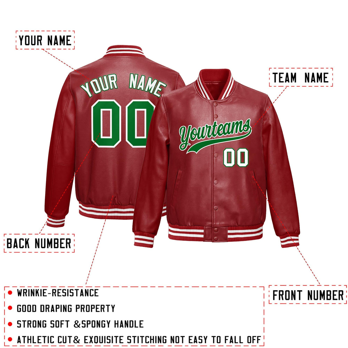 Custom Red Kelly Green Full-Snap Varsity Faux Leather Letterman Jacket| KXKSHOP