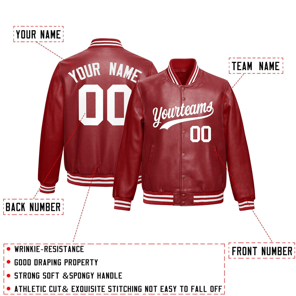 Custom Red White Full-Snap Varsity Faux Leather Letterman Jacket| KXKSHOP