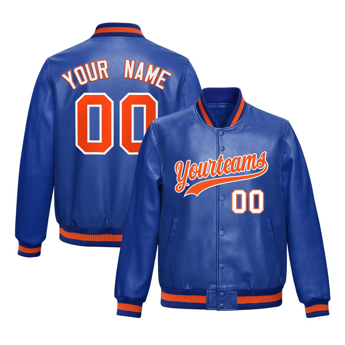 Custom Royal Blue Orange Full-Snap Varsity Faux Leather Letterman Jacket| KXKSHOP