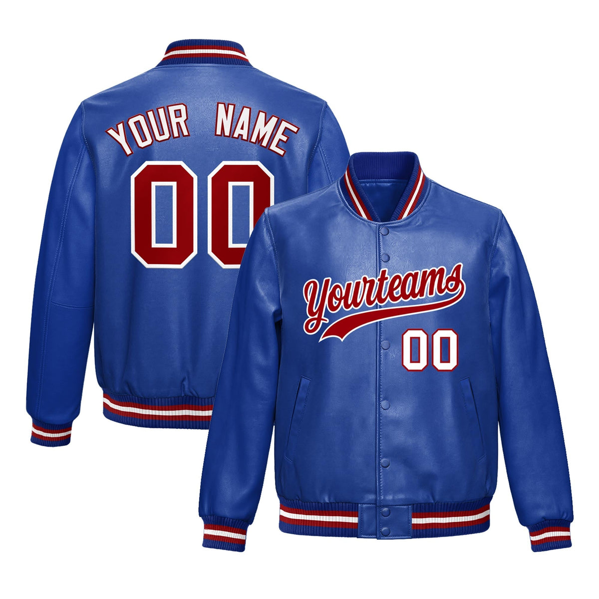 Custom Royal Blue Red White Full-Snap Varsity Faux Leather Letterman Jacket| KXKSHOP