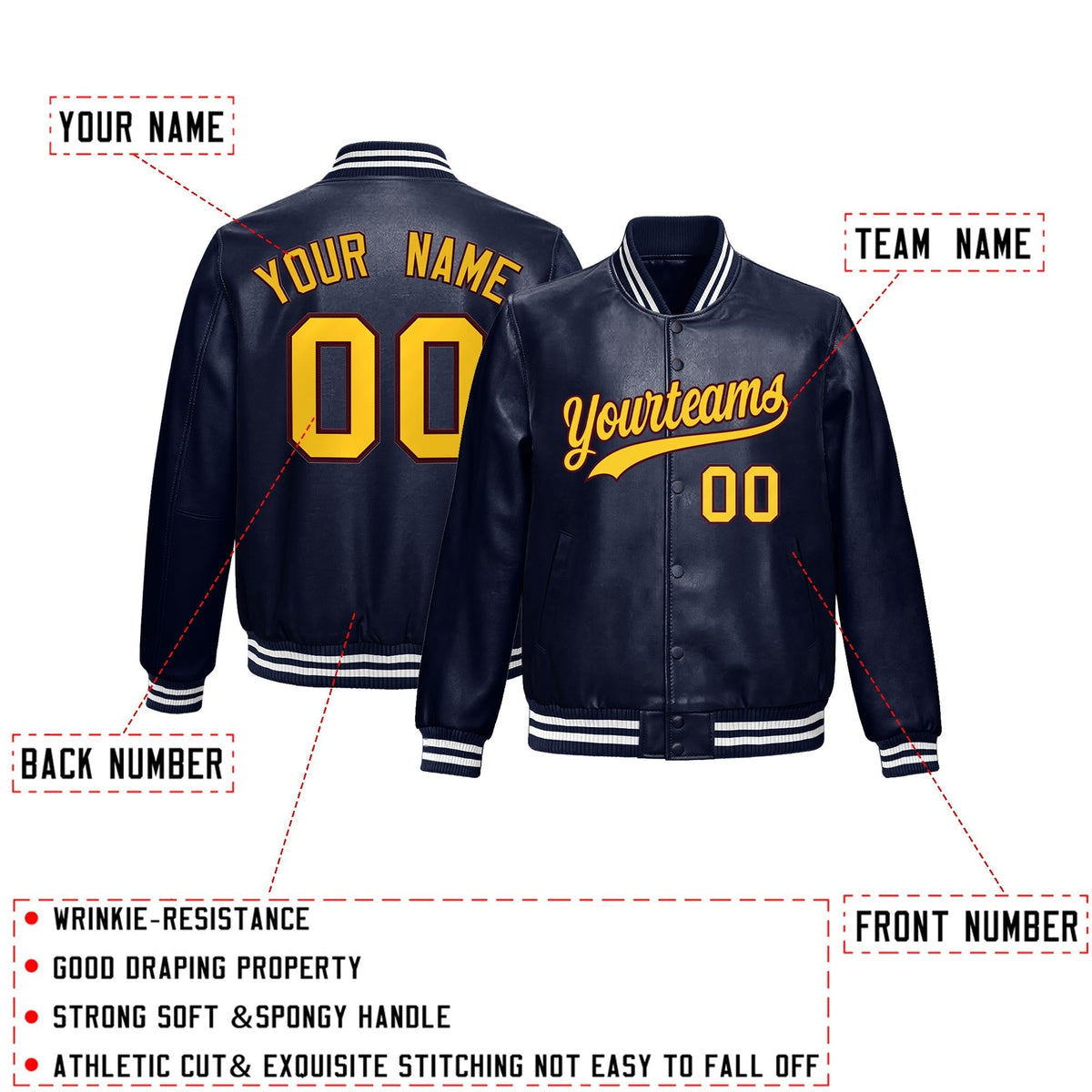 Custom Navy Crimson Gold Full-Snap Varsity Faux Leather Letterman Jacket| KXKSHOP