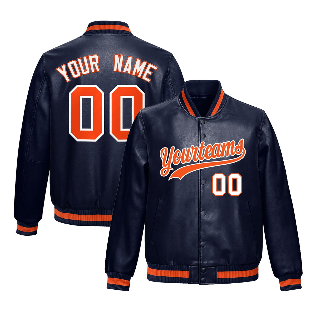 Custom Navy Orange Full-Snap Varsity Faux Leather Letterman Jacket| KXKSHOP