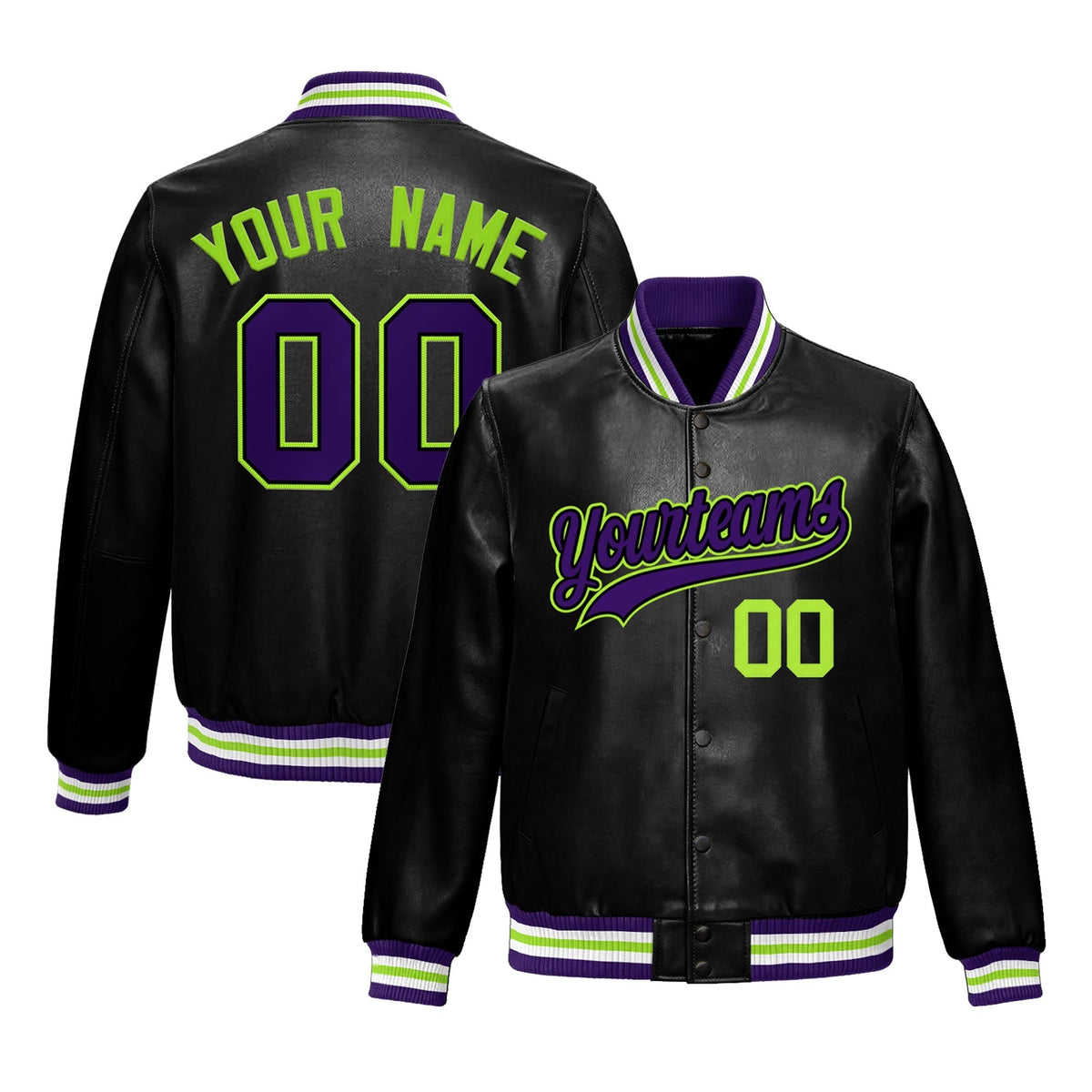 Custom Black Purple Full-Snap Varsity Faux Leather Letterman Jacket| KXKSHOP