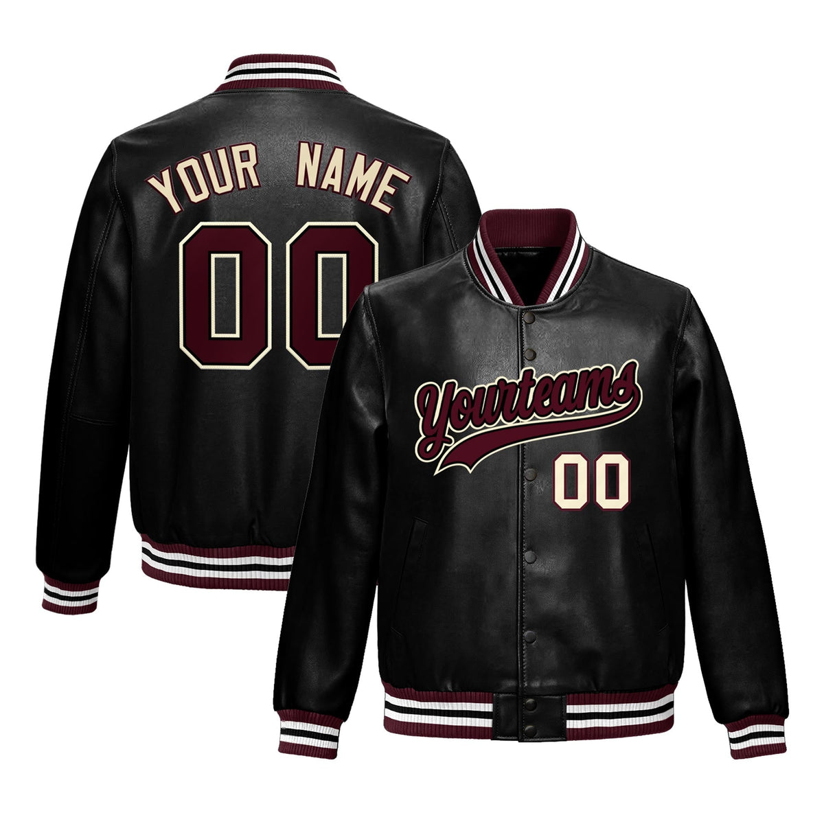 Custom Black Crimson White Full-Snap Varsity Faux Leather Letterman Jacket| KXKSHOP