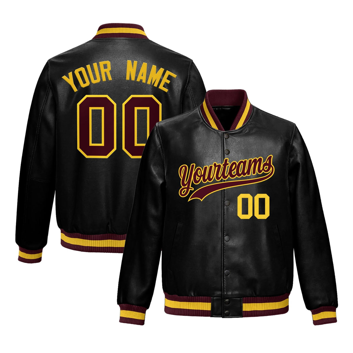 Custom Black Crimson Full-Snap Varsity Faux Leather Letterman Jacket| KXKSHOP