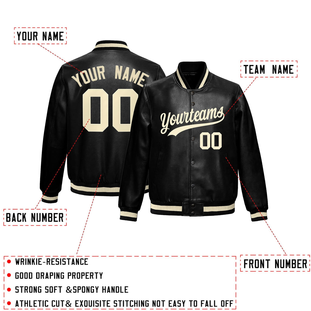Custom Black Cream Full-Snap Varsity Faux Leather Letterman Jacket| KXKSHOP