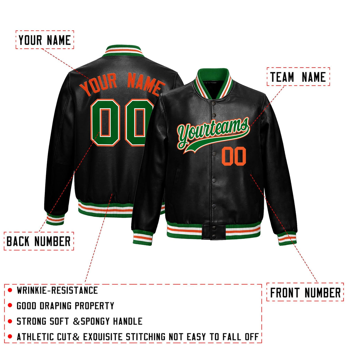 Custom Black Kelly Green Full-Snap Varsity Faux Leather Letterman Jacket| KXKSHOP